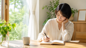 明るい窓辺で女性が静かにノートを開き、自分の気持ちを書き出している