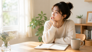 手元には開いたノートとマグカップ。誰かに言われた言葉を思い返しているような表情。悲壮感はなく、静かに気持ちを整理している雰囲気