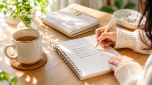 ノートに今日できたことを書き込んでいる。横には温かい飲み物。穏やかな達成感を感じる